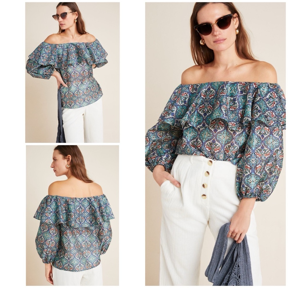 Anthro Sachin & Babi Musette Ruffle Block-prints Floral Off the Shoulder Blouse​